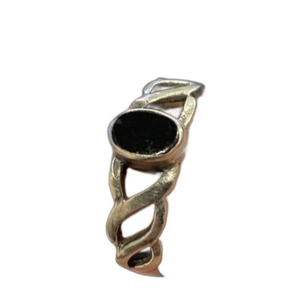 Sterling Silver Onyx Ring, Flat Inset Oval Black Stone Openwork 925 Sz 6 See Pic
